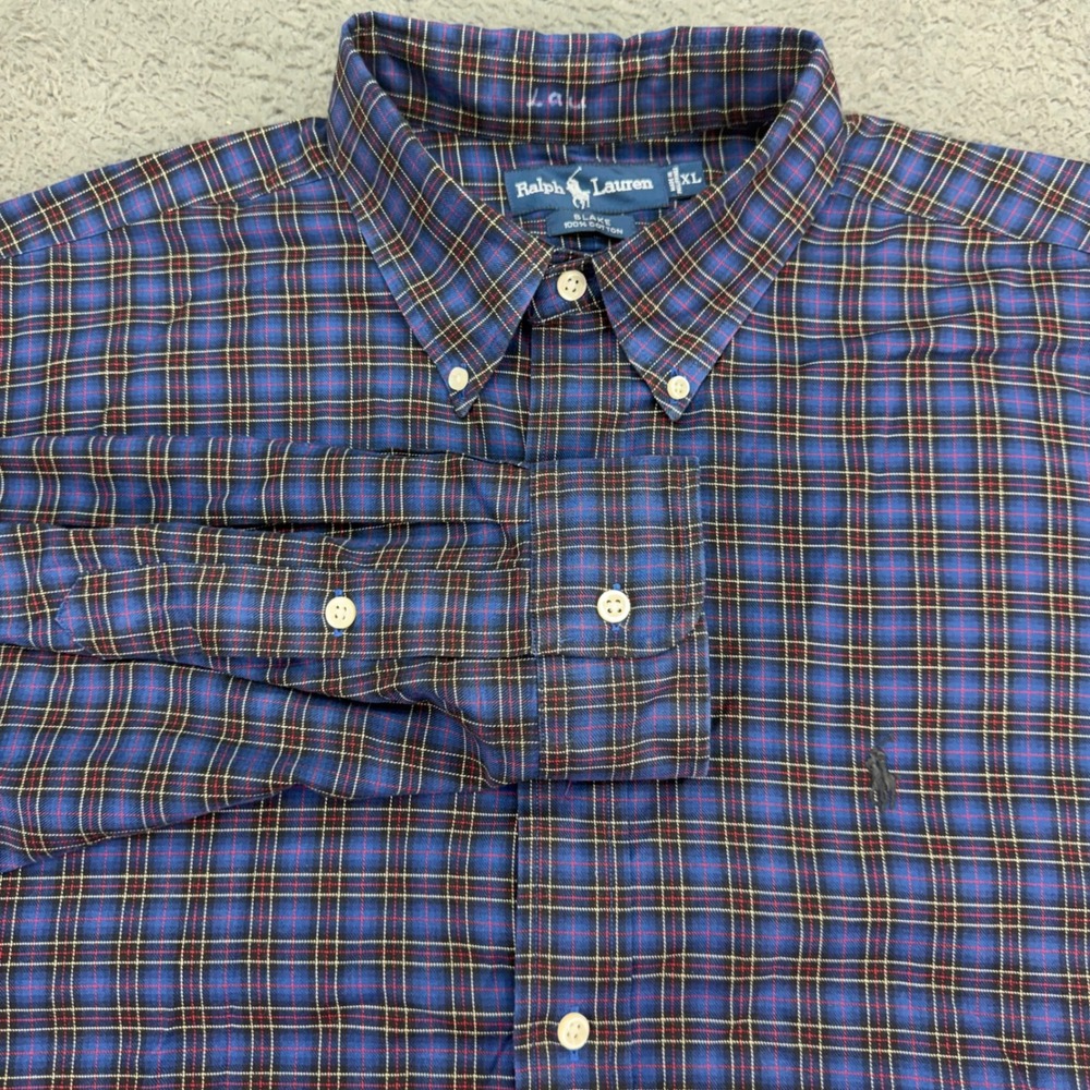 Ralph Lauren Button Down Shirt Mens XL Blue Plaid Blake 100% Cotton Long Sleeve